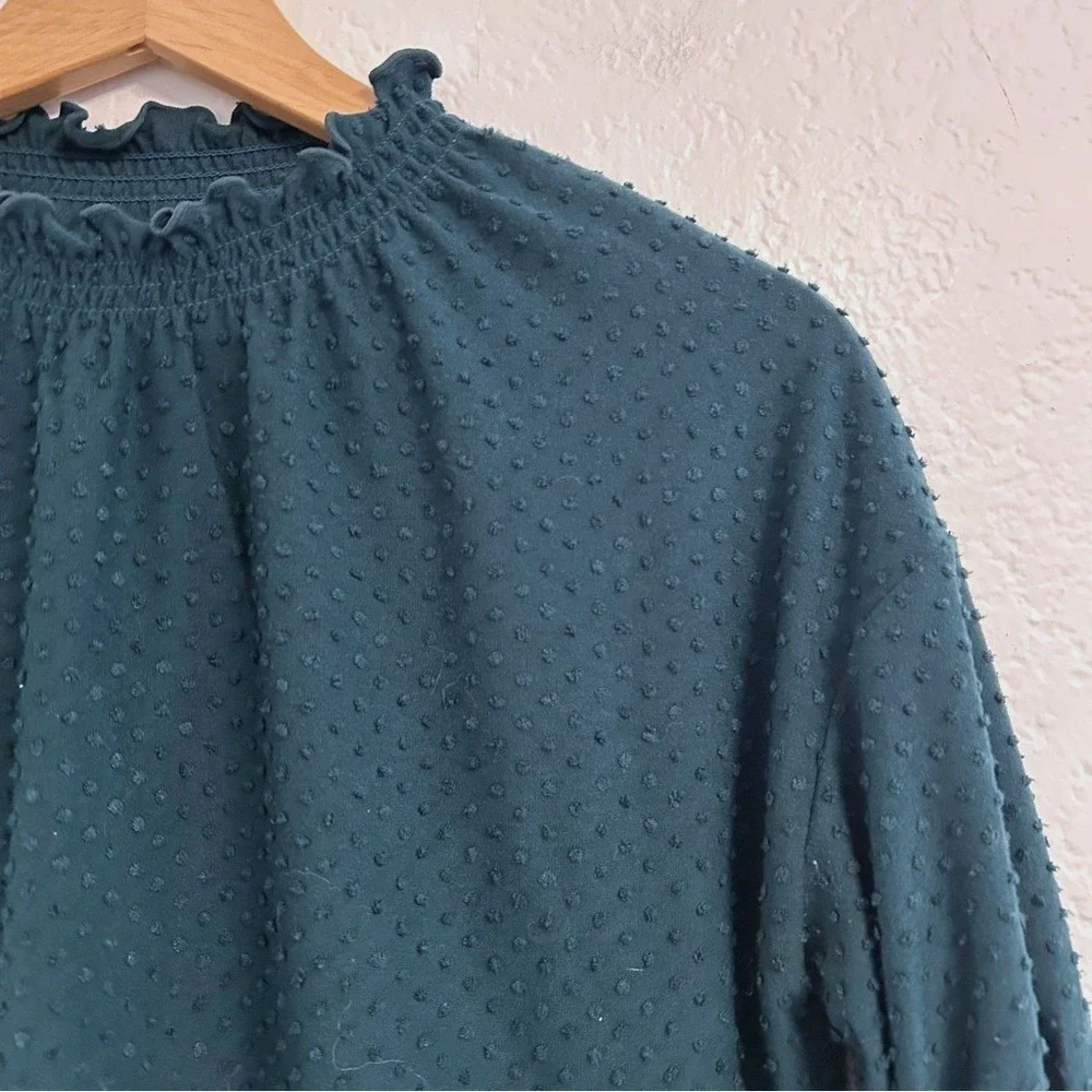 Madewell Texture & Thread Top Teal Green Swiss Dot Smocked Mock Neck Size XS